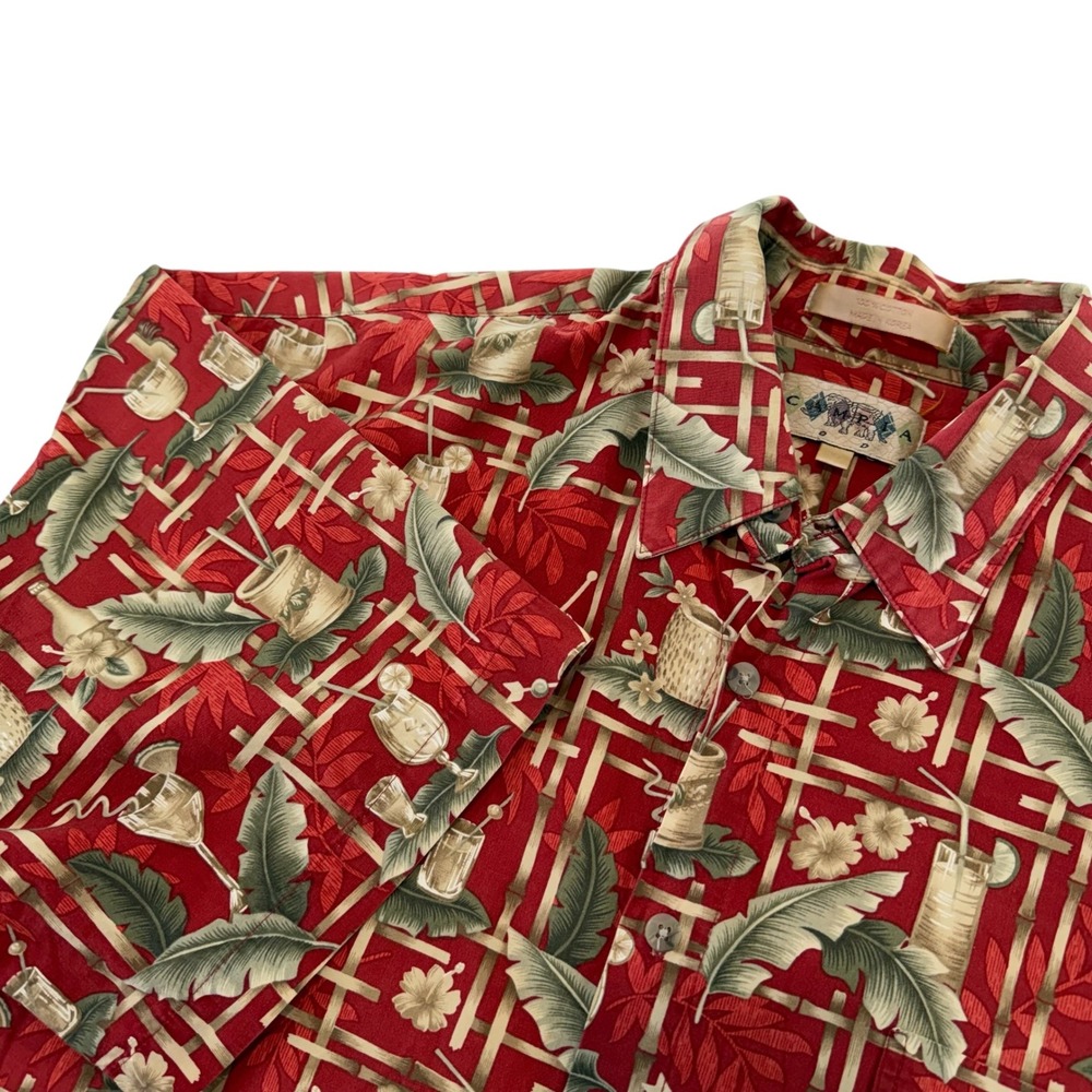Cooke Street Honolulu Mens Red Tropical‎ Cocktail Bamboo Print Aloha Shirt Large